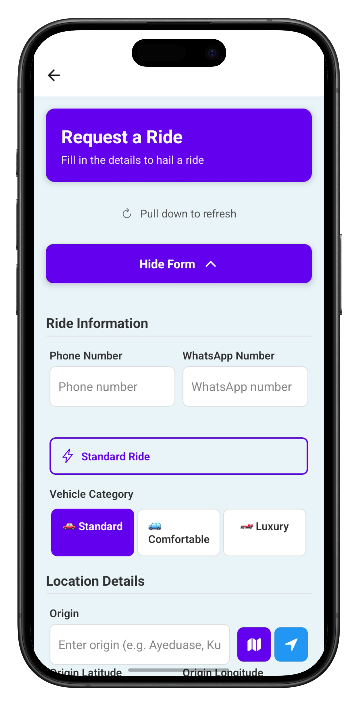 Ride Booking Interface